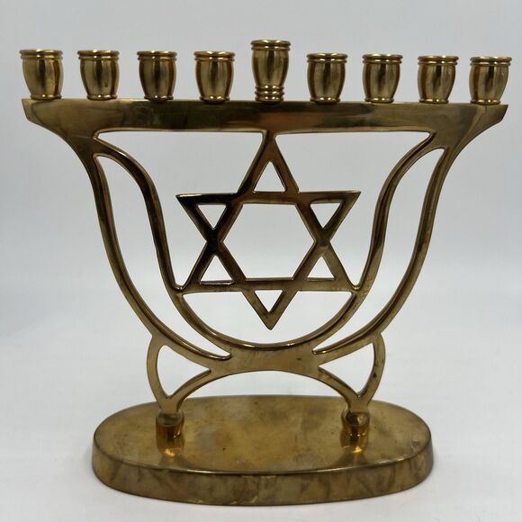 Hanukkah Menorah Jewish Judaica Israel Vintage Brass Chanukah Candle Holder - Picture 1 of 8